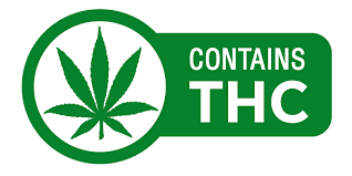 A green circular cannabis leaf symbol beside the words Contains THC.