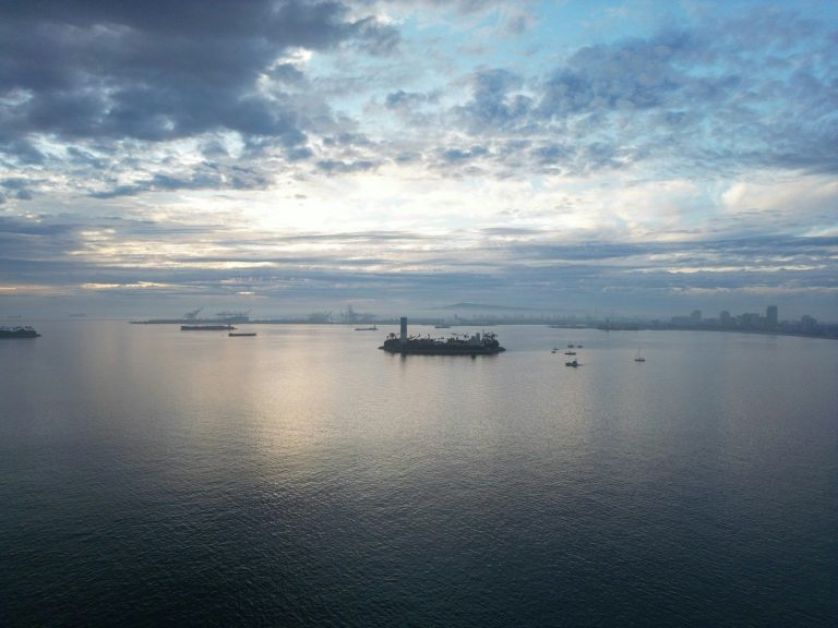 Cargo ship on the horizon across a calm sea at dusk.