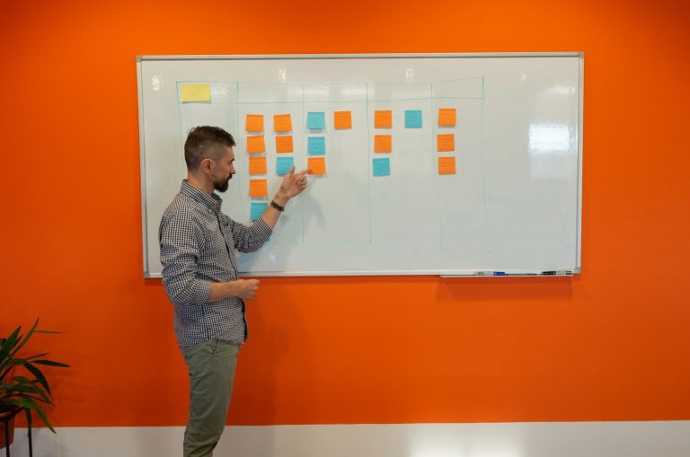 A team member placing coloured sticky notes on a planning whiteboard.