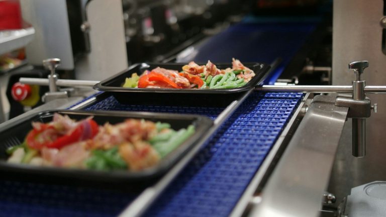 Prepared meals in black trays travelling along a conveyor on a food packaging line.