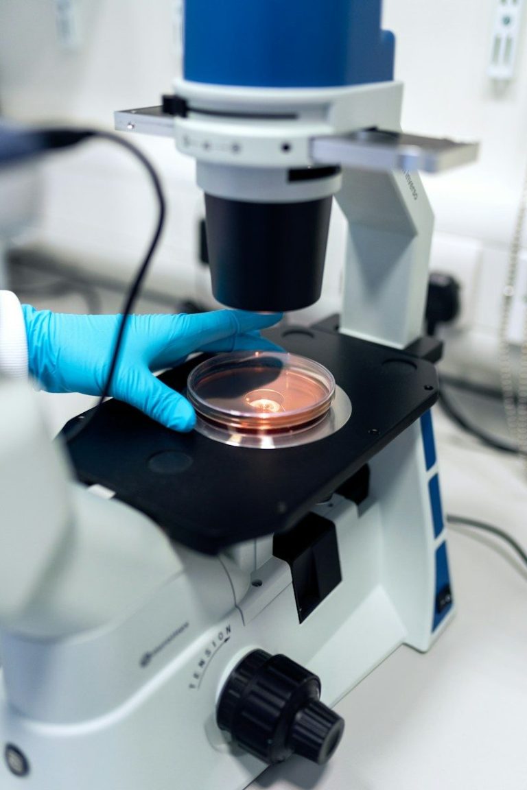 A laboratory technician in gloves placing a sample dish on a microscope for testing.