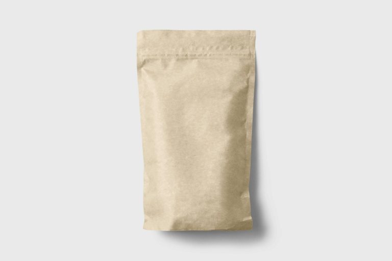 A plain kraft paper stand-up pouch against a grey background.