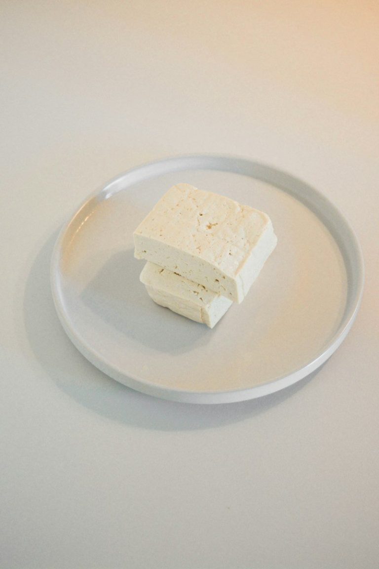 Two blocks of plain tofu resting on a pale plate against a soft neutral background.
