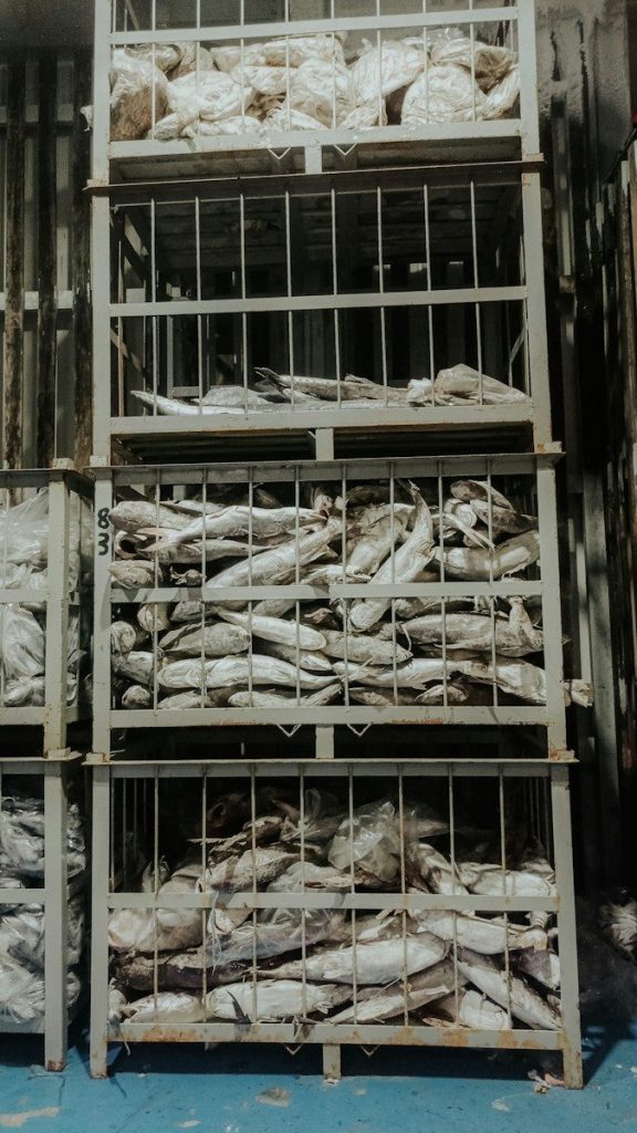 Crates of frozen product stacked in a storage area