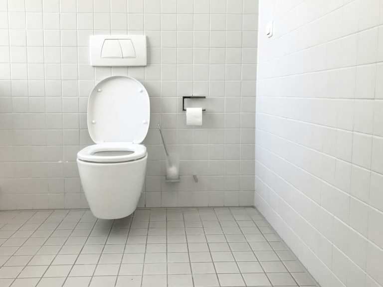 A clean white tiled toilet cubicle with a wall mounted cistern and a toilet tissue holder.