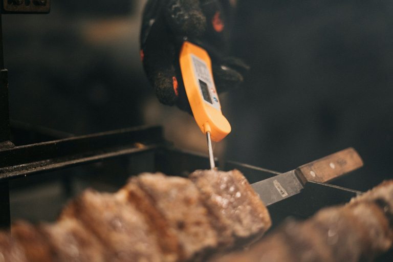 A hand holding a probe thermometer inserted into cooked meat on a skewer.